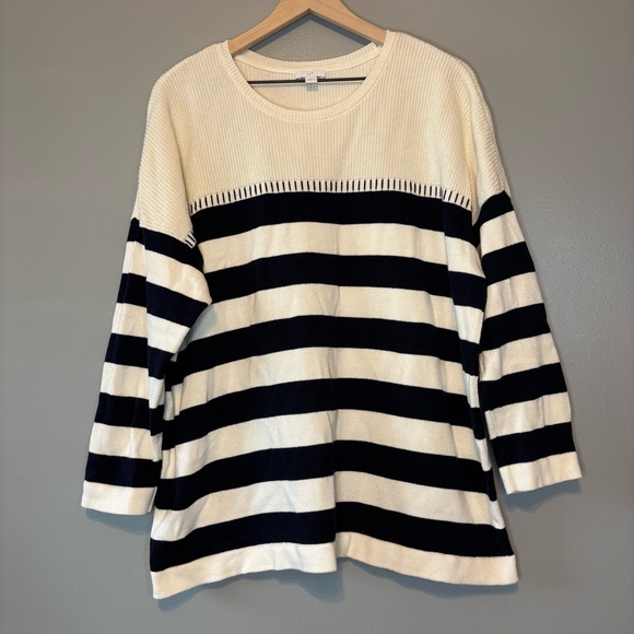 J Jill XL Knit Crew Neck Sweater White Navy Blue Stripe - Picture 1 of 5